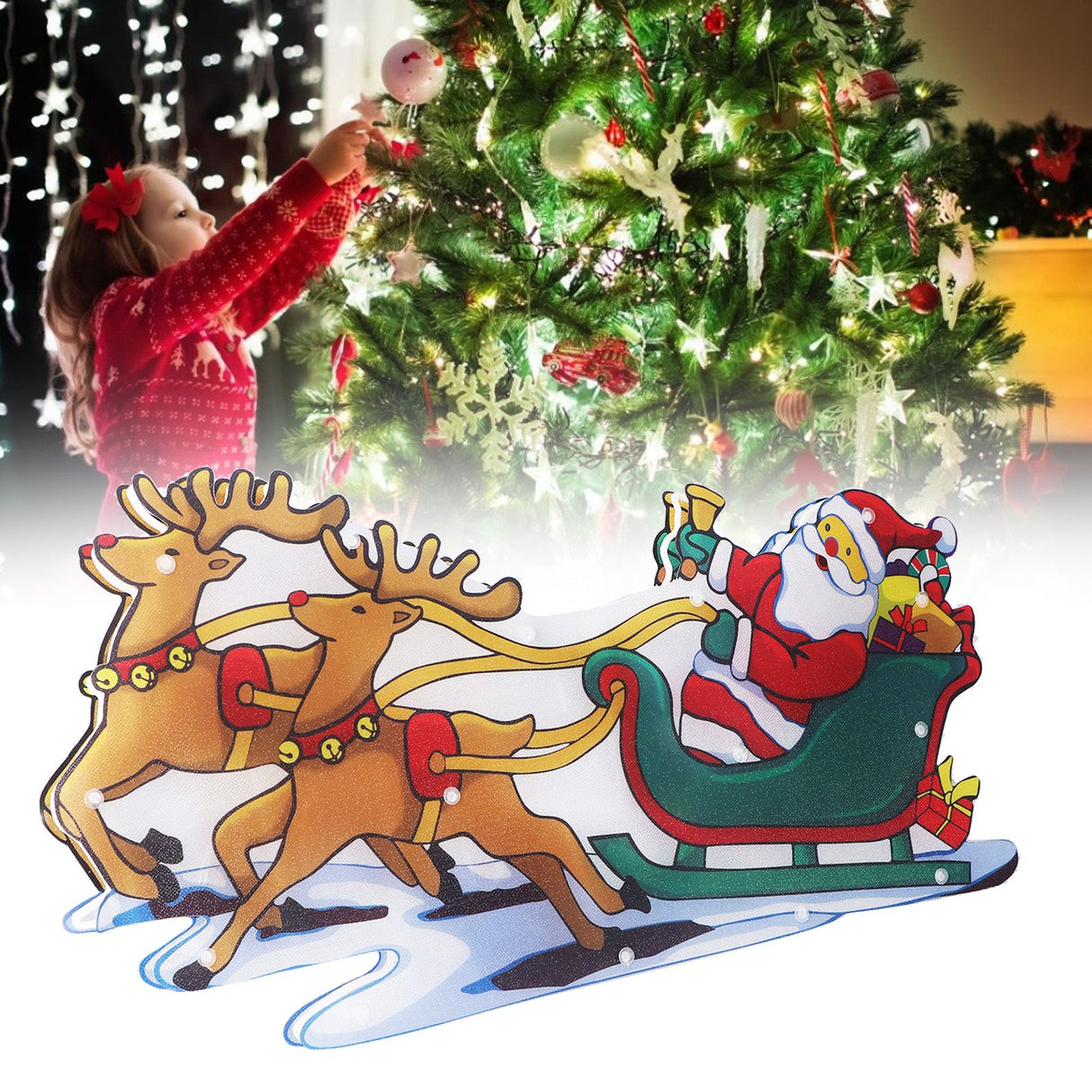 LED Christmas Light Sled Santa Claus Pattern Window Hanging Lamp Battery Powered with Suction Cup Festival Decoration