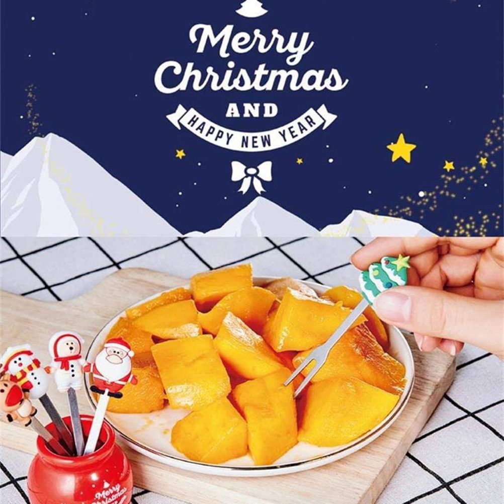 Christmas Silicone Fruit Fork Salad Fork Stainless Steel Children s Food Fork with Ceramic Cup Holder Reusable Fruit Fork Christmas Gift