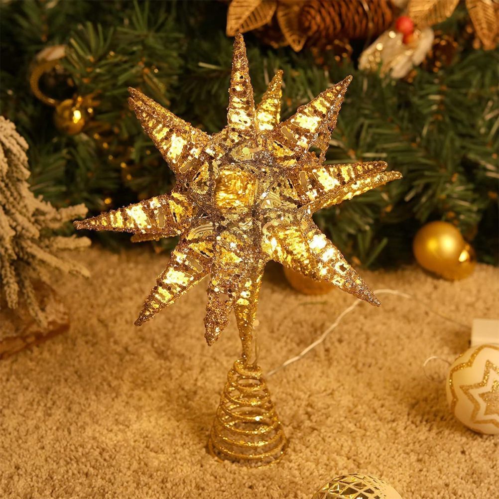 Christmas Star Tree Topper 3D Geometric Star Decorative LED Lights Battery Operated Beautiful Star Lighting with Springy Base for Holiday Xmas