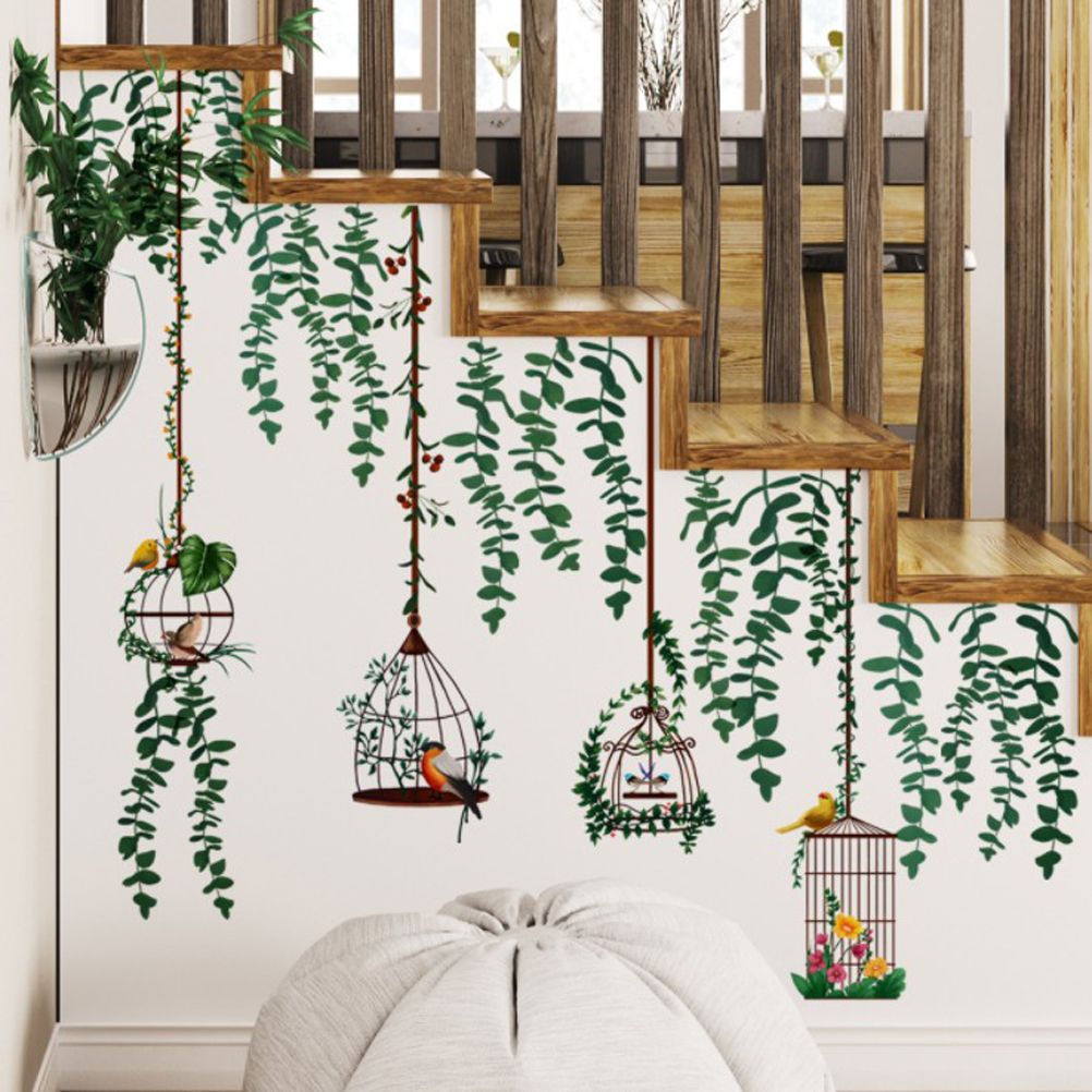 Bird Vine Tree Branch Birdcage Wall Decal Stickers Removable Plants Wall Art Jungle Wallpaper for Home Bedroom Living Room Decoration