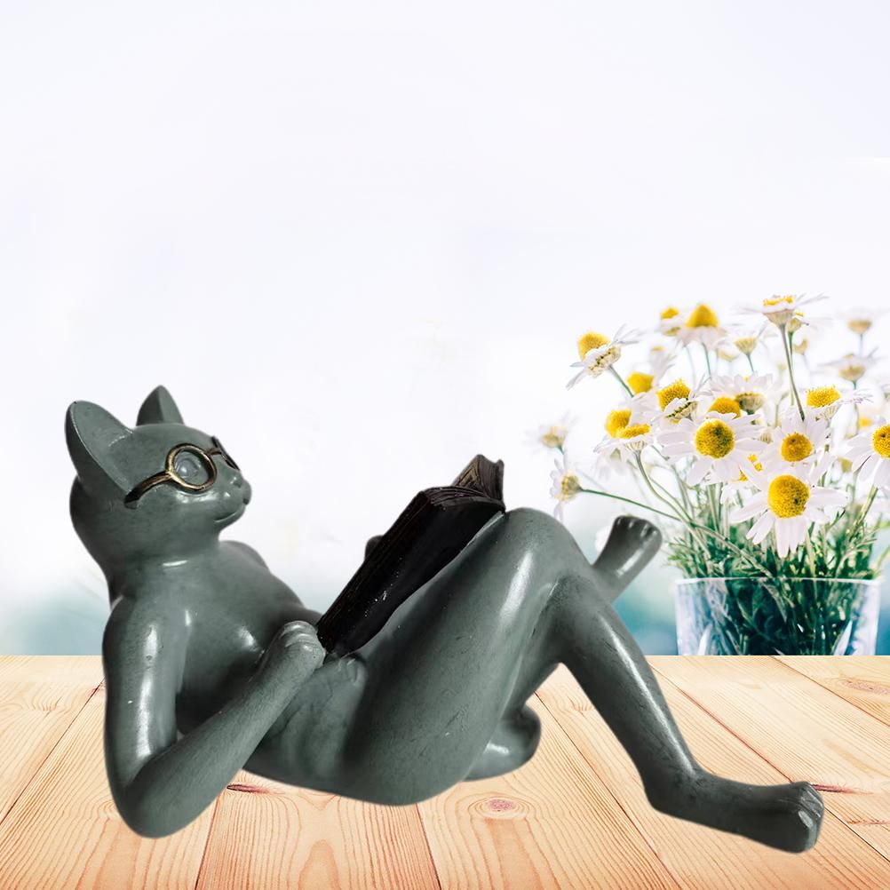 Literary Cat Resin Ornaments Garden Statue Decoration Reading Glasses Cat Crafts for Study and Office