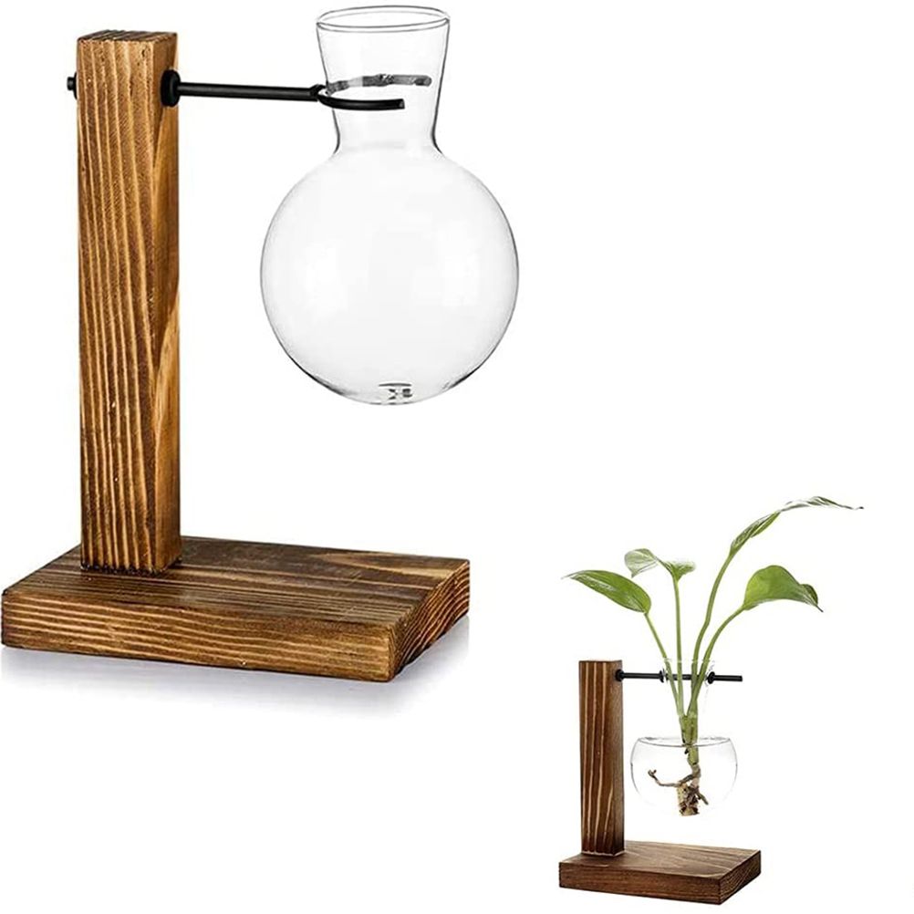 Transparent Vase Desktop Wooden Stand Glass Clear Plant Vase for Home Table Desk Interior Decoration