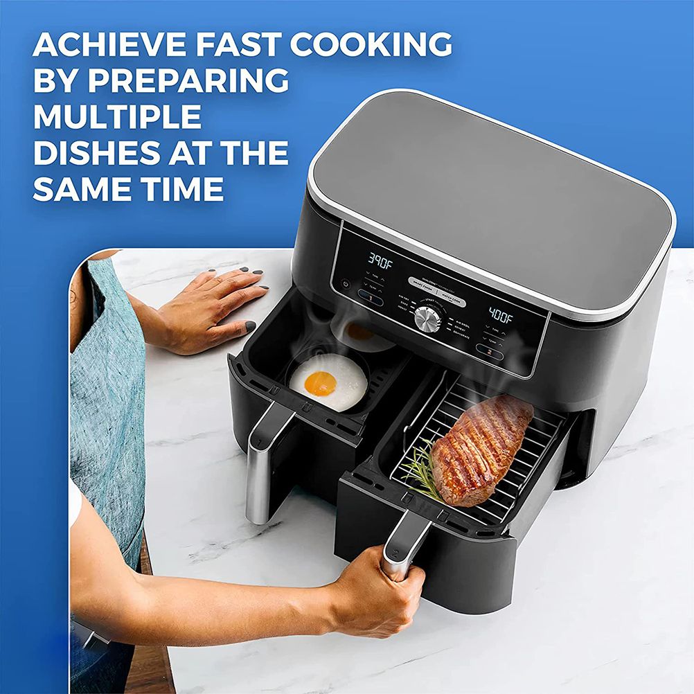 2Pcs Air Fryer Rack 304 Stainless Steel Dehydrator Rack with 4 Barbecue Sticks for 8QT Dual Basket Air Fryer