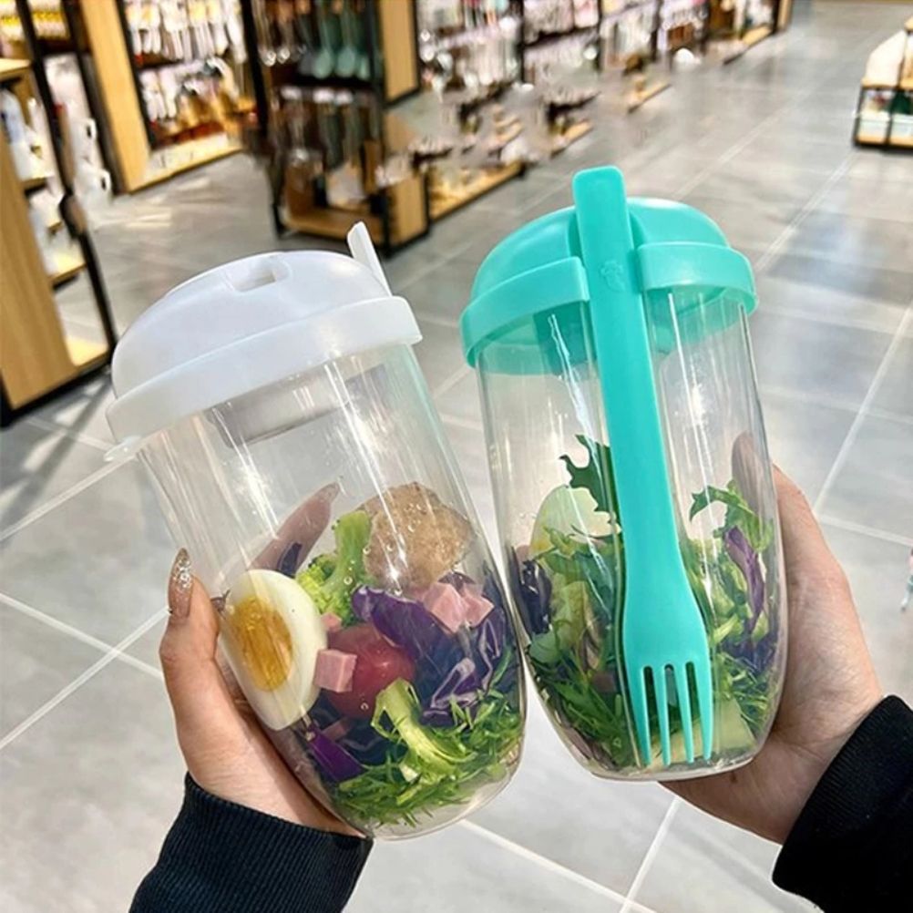 Fresh Salad Container Serving Cup with Dressing Container Fork Portable Plastic Food Storage Bottle for Picnic Lunch