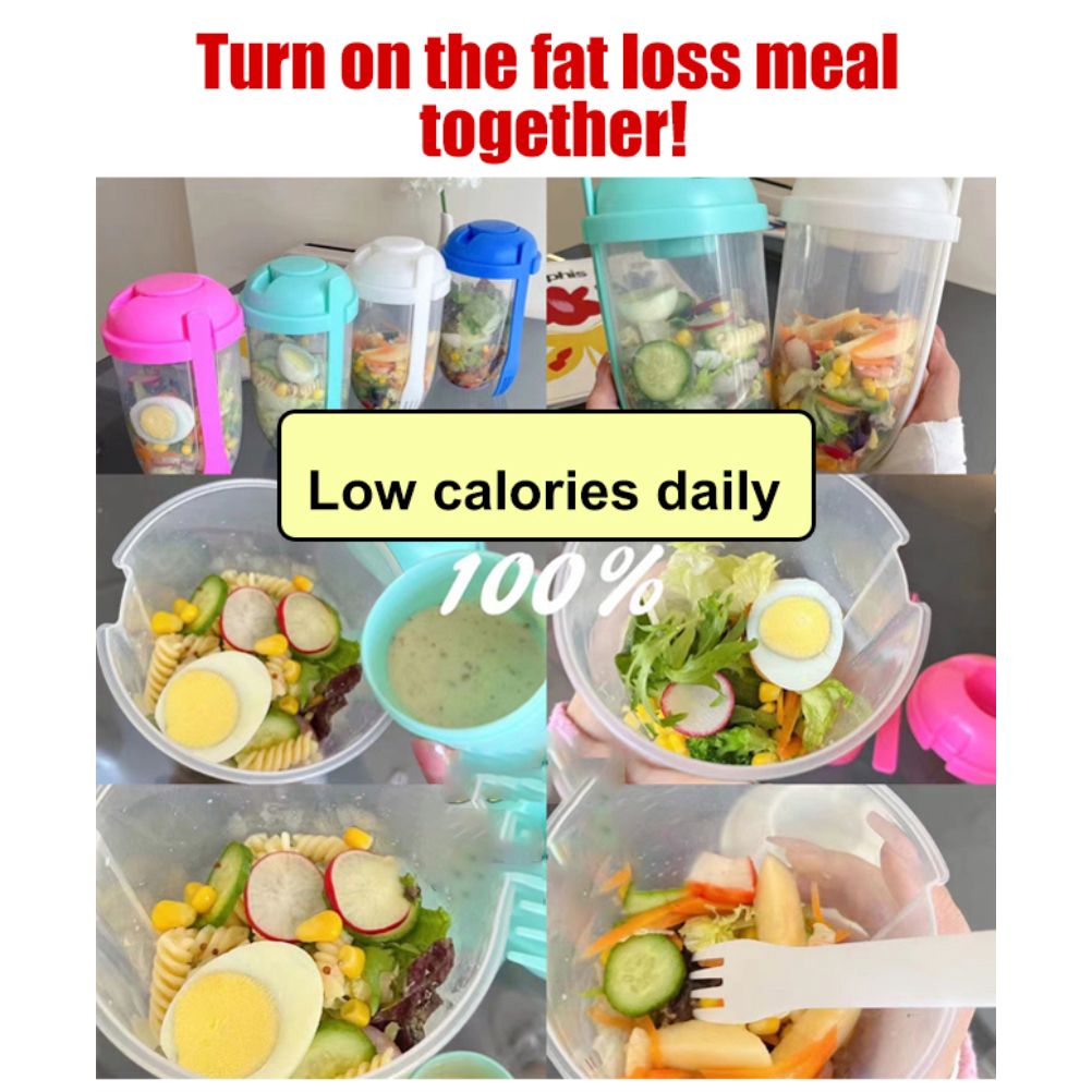 Fresh Salad Container Serving Cup with Dressing Container Fork Portable Plastic Food Storage Bottle for Picnic Lunch