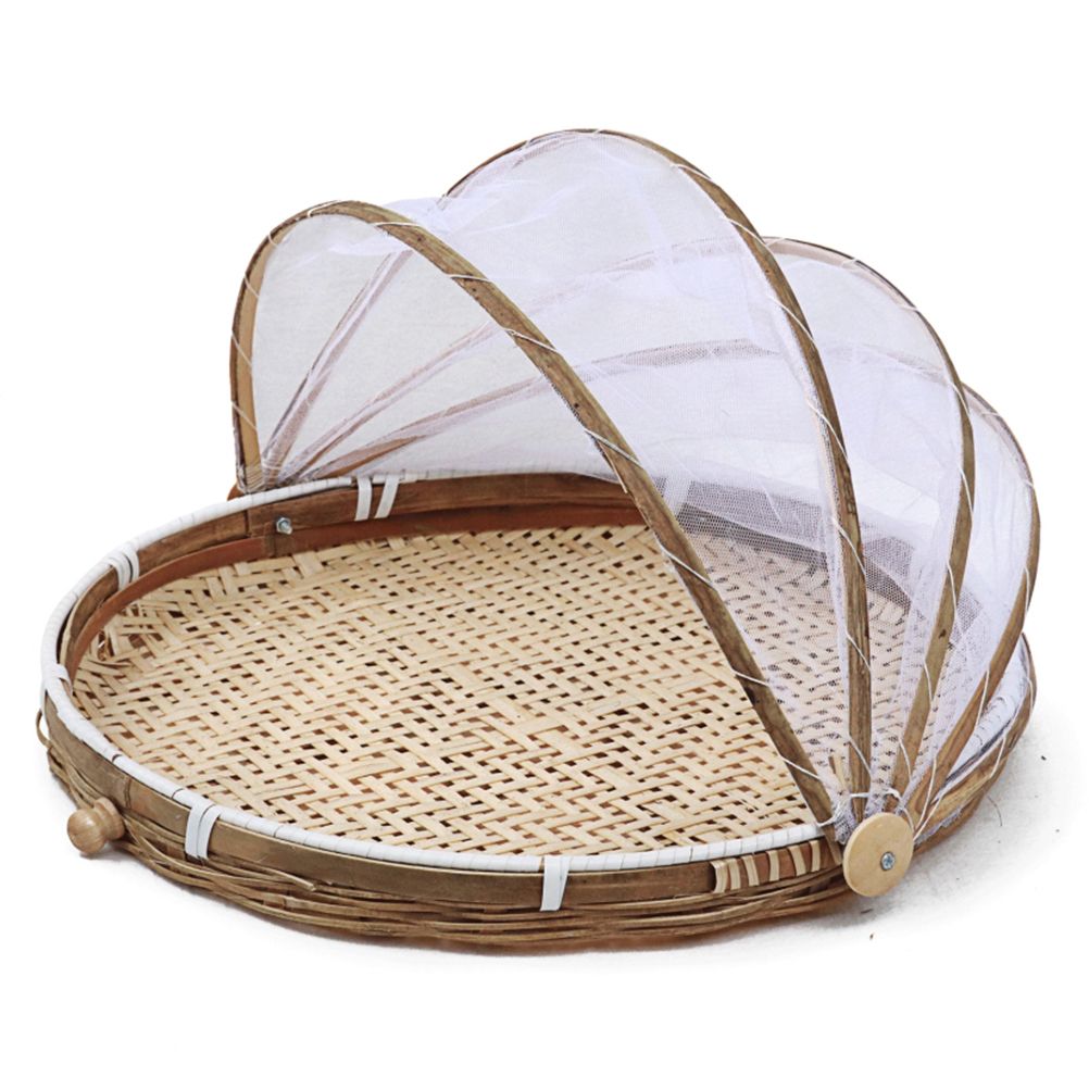 Covered Bamboo Serving Food Tent Basket Hand Woven Round Food Basket with Mesh Cover