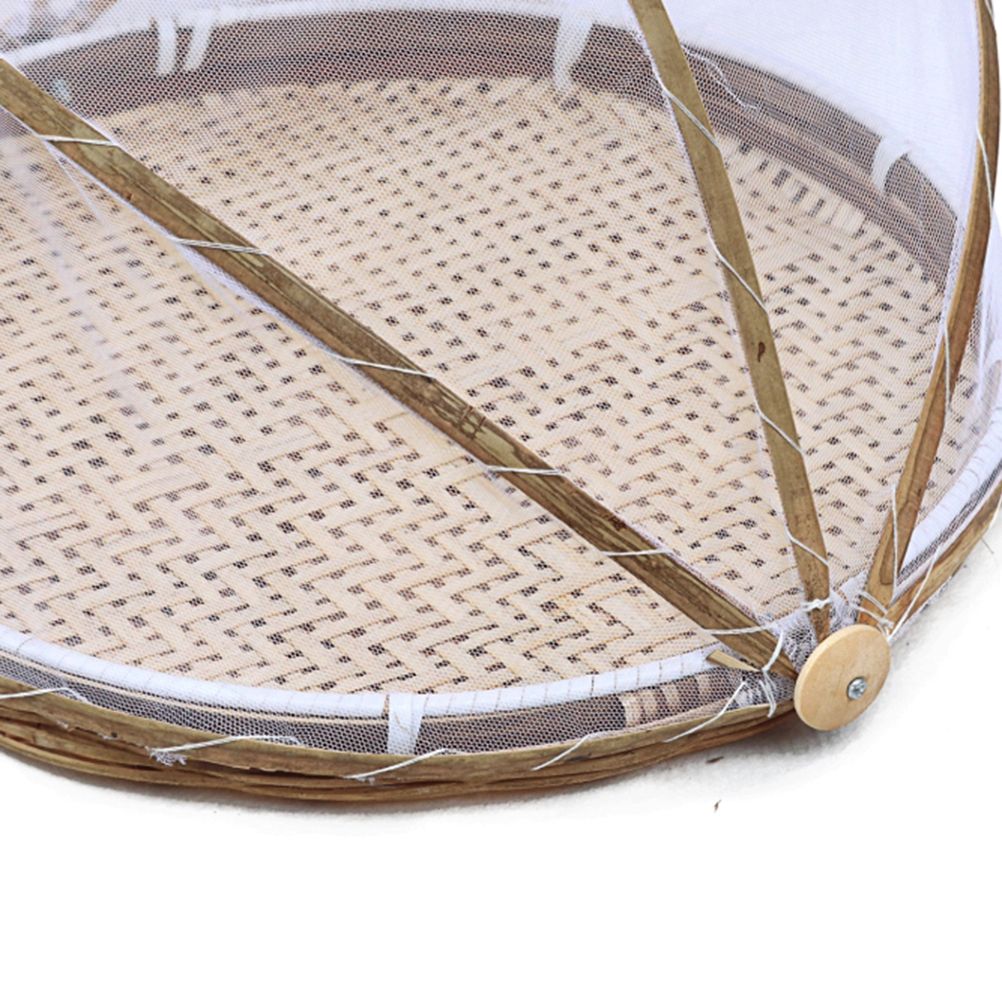Covered Bamboo Serving Food Tent Basket Hand Woven Round Food Basket with Mesh Cover