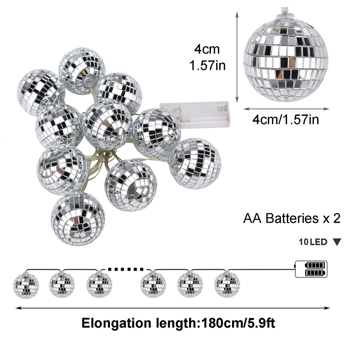 1.8m 10 Lights 5cm Golden Sphere Warm Light Mirror Light String Christmas Lights String Christmas Tree Decoration