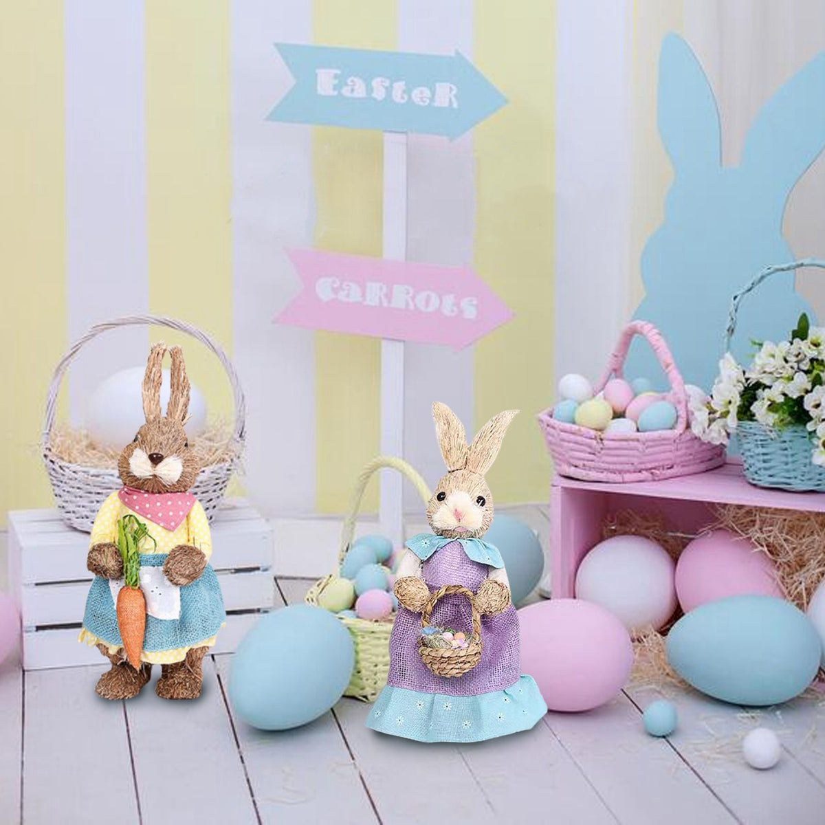 Artificial Simulated Straw Bunny Cute Easter Straw Rabbit Figurines Easter Bunny Props Home Decoration