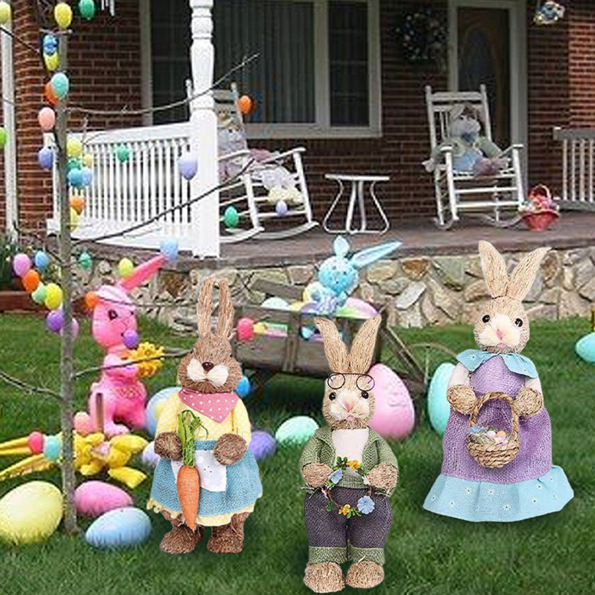 Artificial Simulated Straw Bunny Cute Easter Straw Rabbit Figurines Easter Bunny Props Home Decoration