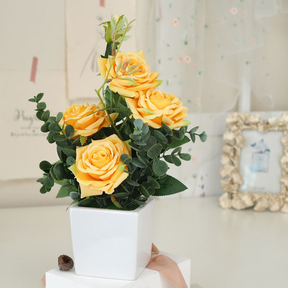 Rose Potted Plant Simulation Flowers Ceramic Small Bonsai Artificial Rose Potted