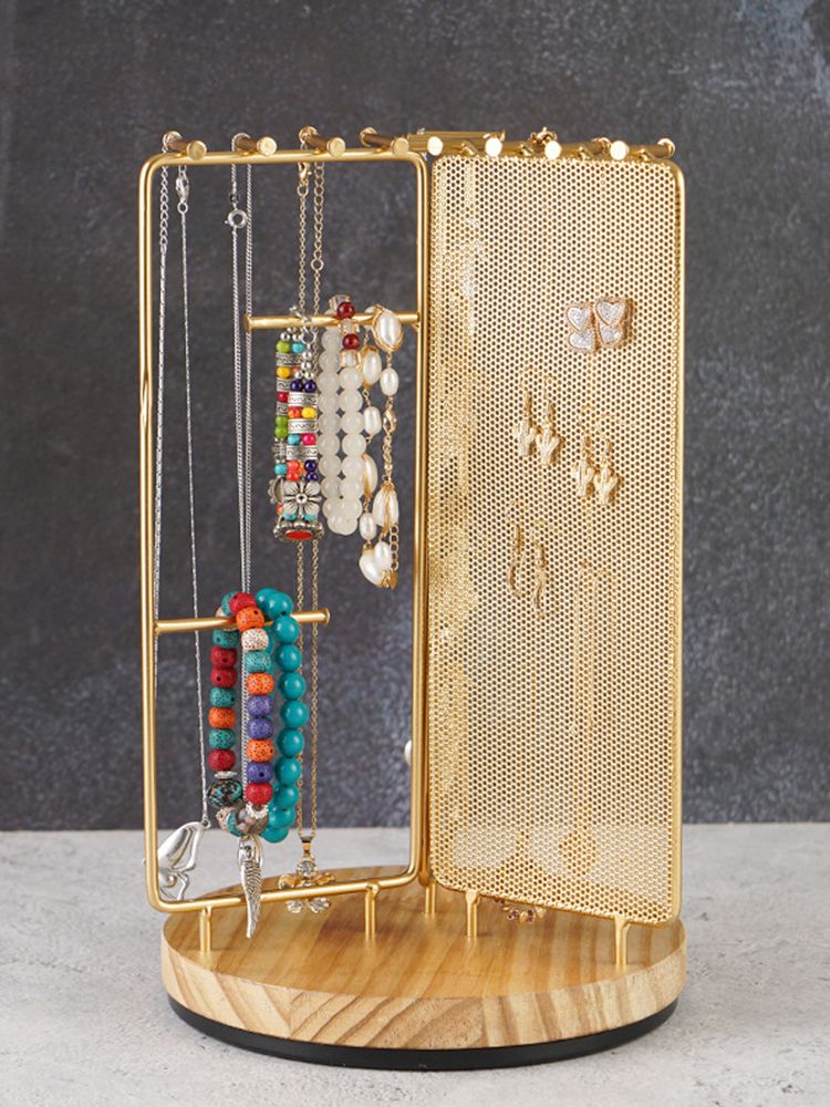 3 in 1 Jewelry Stand Display Multi Tiers Wooden Swivel Base Jewelry Display Holder for Necklace Gold