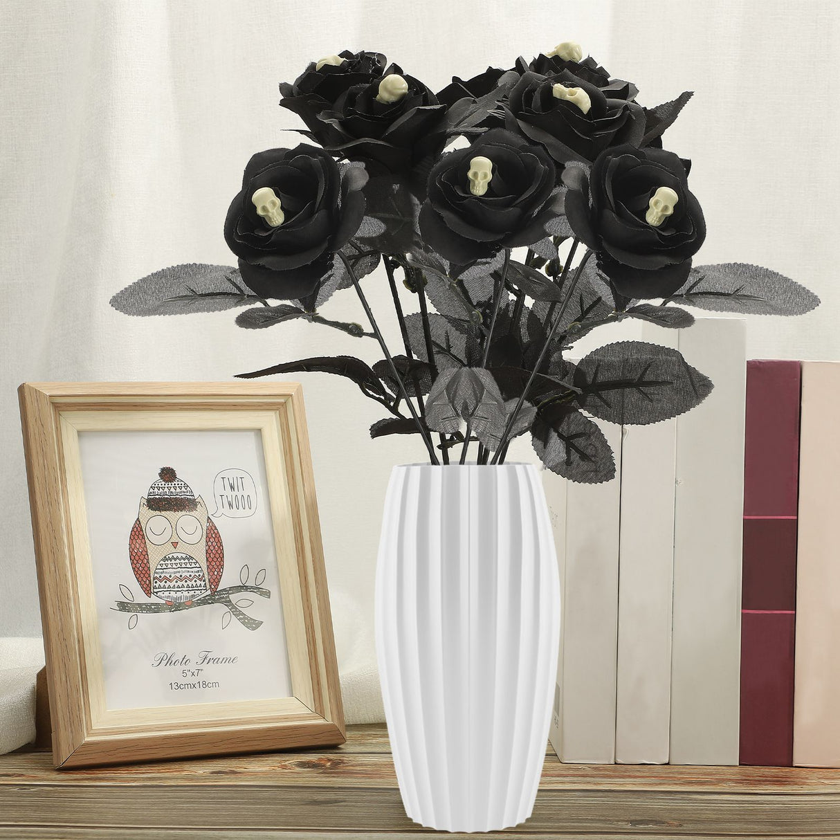 Artificial Rose Lifelike Decorative Bendable Fake Flower With Skull Head for Halloween Party Black