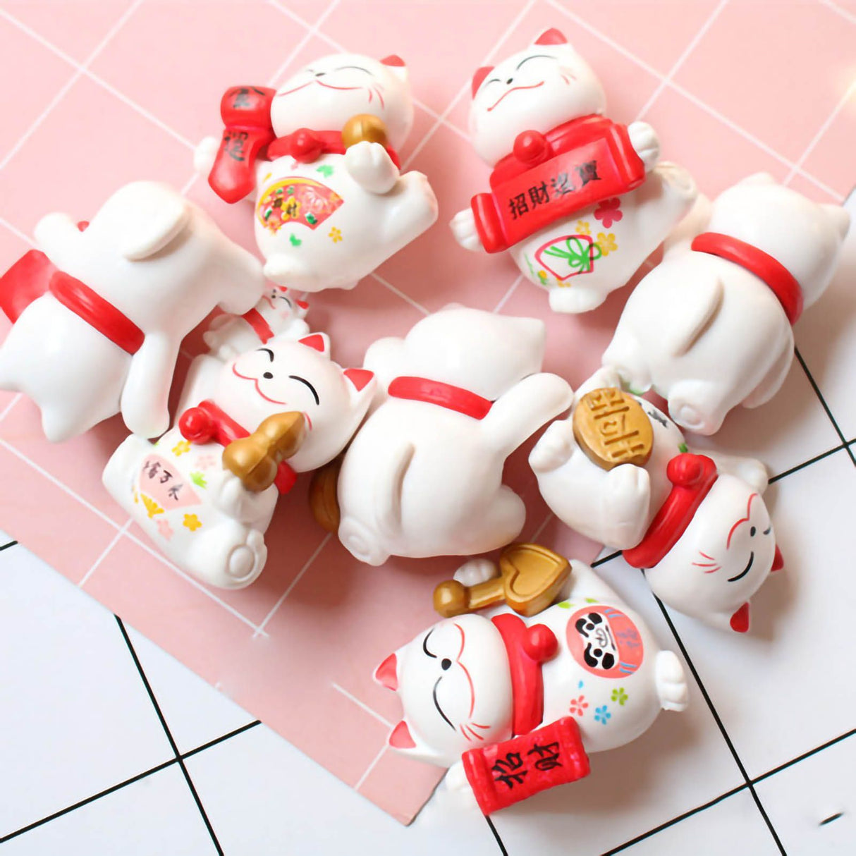 Lucky Cat Ornament Waving Arm Fortune Cat PVC Animal Figurine for Home Decoration 8Pcs in Set 8Pcs in 1 Set