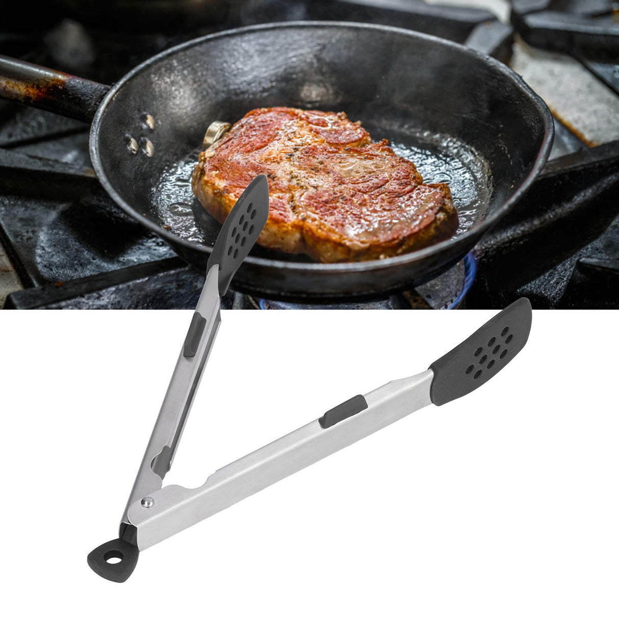 Food Tong Thickened 304 Stainless Steel Anti Slip Corrosion Resistant Barbecue Tongs for Restaurant Kitchen Baking Black