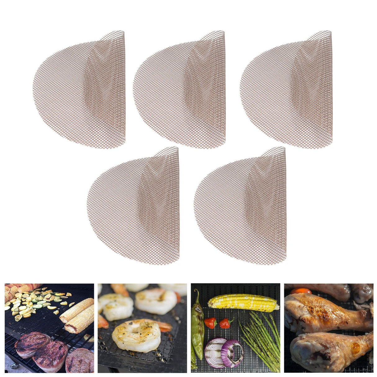 5Pcs High Temperature Resistant Barbecue Round Mat Reusable Non Stick BBQ Grill Grid Slice Pizza Mat 36cm Diameter Brown