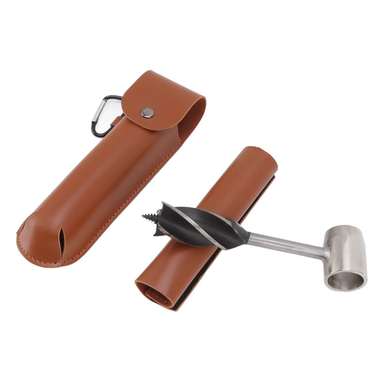 Manual Wood Auger Wrench Hand Survival Auger Wrench Multifunctional Woodworking Punch Tools Brown PU Leather Case