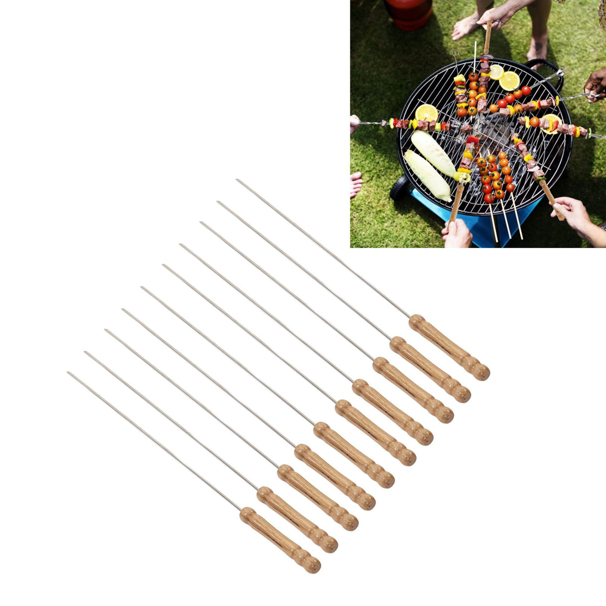 10pcs Barbecue Skewers Wooden Handle Stainless Steel BBQ Kabob Sticks for Outdoor Barbecue 11.8in