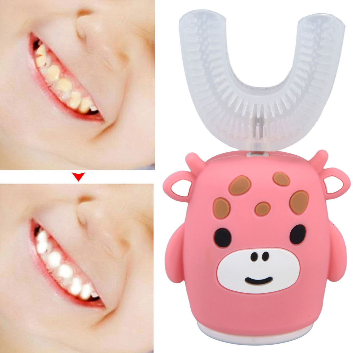 Kids U Shaped Toothbrush Pink Cartoon Electric 360° Tooth Rush Whole Mouth Teeth Cleaning MachineLarge