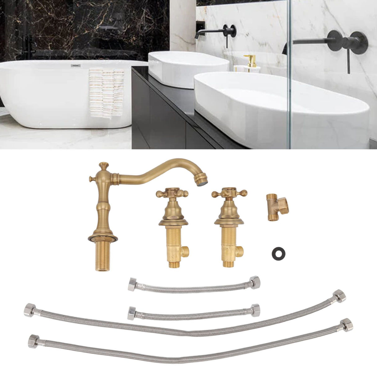 Double Handle Faucet Copper Leakproof Corrosion Resistant Beautiful G1/2 Thread Three Hole Bathroom Basin Faucet Antique