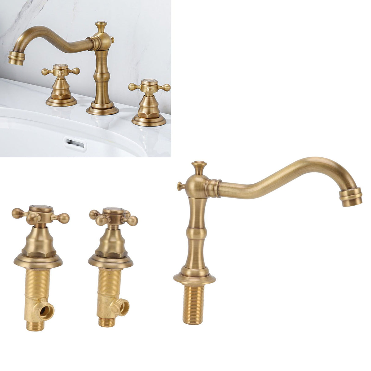Double Handle Faucet Copper Leakproof Corrosion Resistant Beautiful G1/2 Thread Three Hole Bathroom Basin Faucet Antique