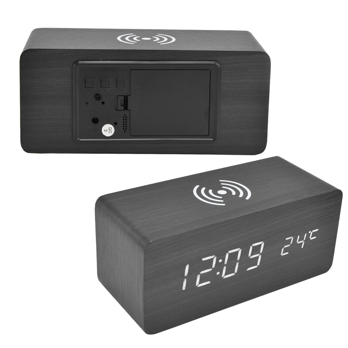 Digital Alarm Clock Wireless Charging Automatic Temperature Detection Safe Stable LED Electronic ClockBlack