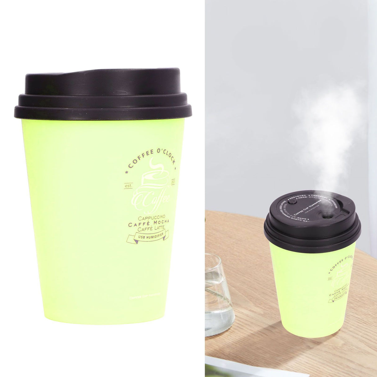 USB Humidifier 300ml Coffee Cup Low Noise Auto Off Compact Lightweight Space Saving Mini Humidifier for Car Home OfficeGreen