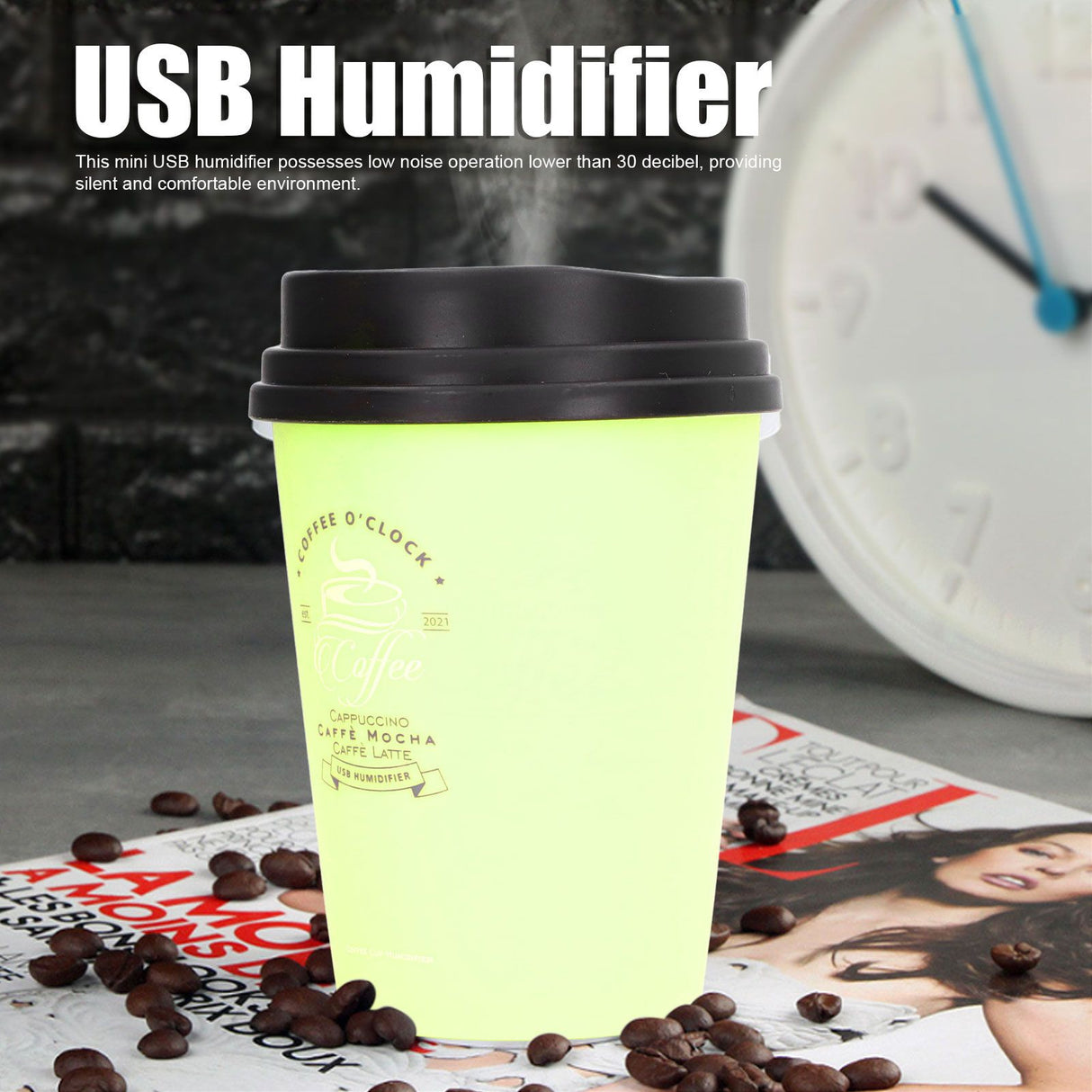 USB Humidifier 300ml Coffee Cup Low Noise Auto Off Compact Lightweight Space Saving Mini Humidifier for Car Home OfficeGreen