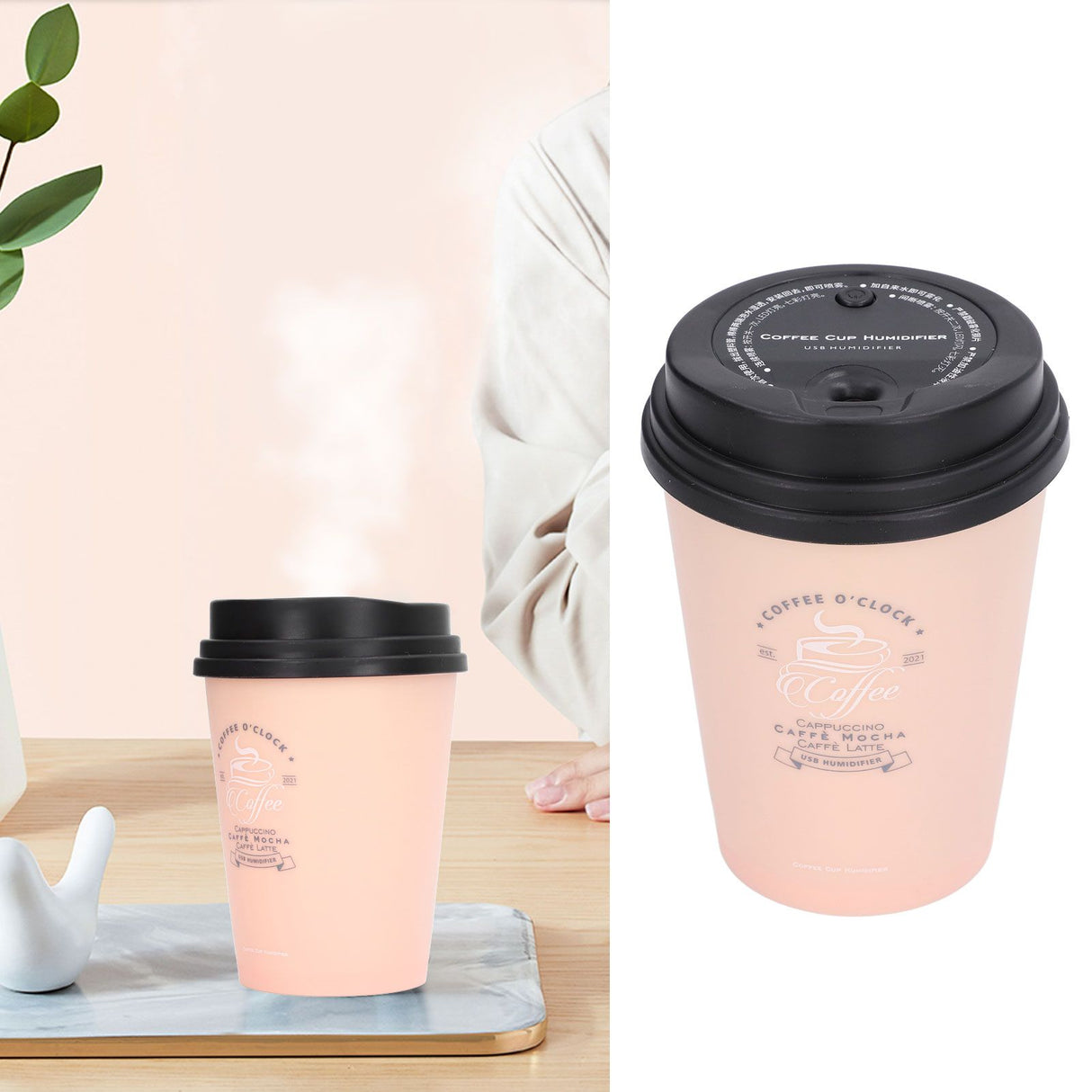 USB Humidifier 300ml Coffee Cup Low Noise Auto Off Compact Lightweight Space Saving Mini Humidifier for Car Home OfficePink