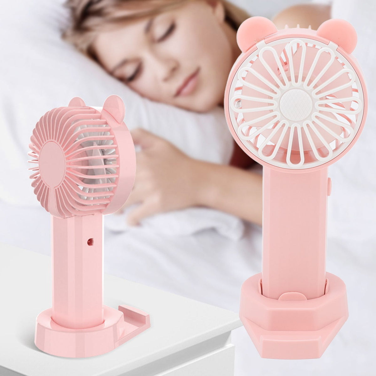 Handheld Fan Strong Natural Wind USB Charging 5 Blades Detachable Base Mini Portable Fan for Home Office Travel Pink