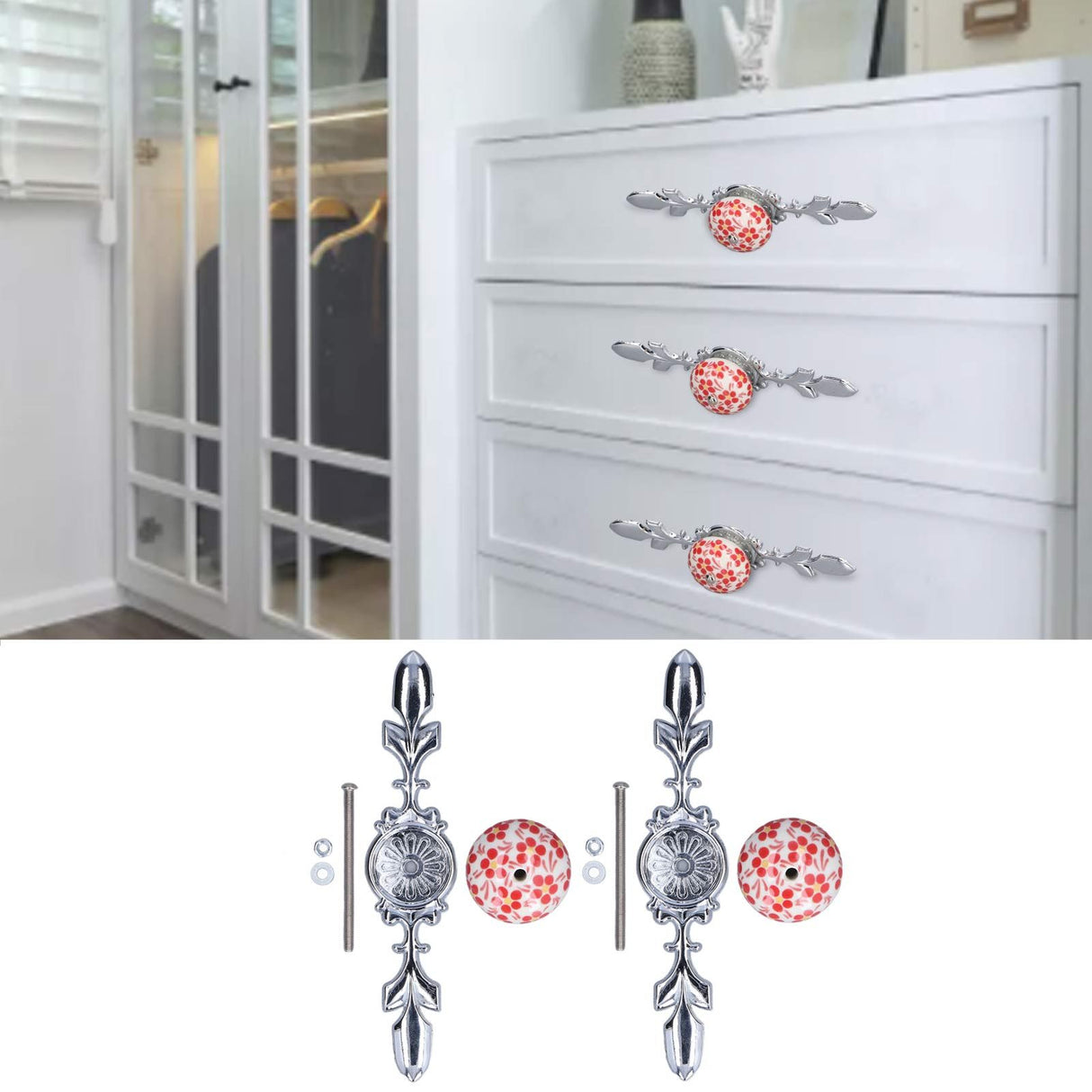 2pcs/set Ceramic Cabinet Handle Modern Simple Style Hand Painted Ceramic Cabinet Knobs1060D Red Flower Blue and White Porcelain