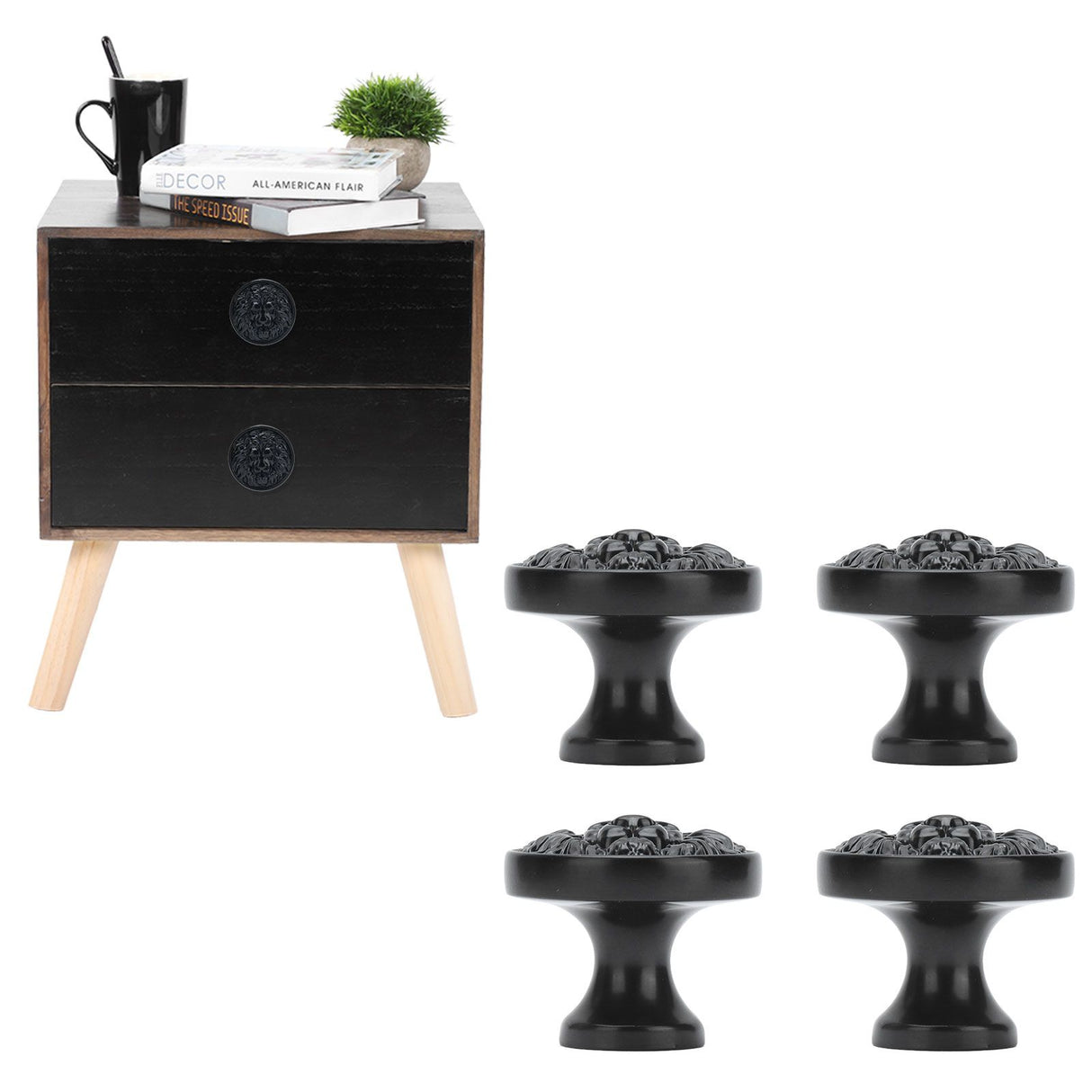 4Set Lion Head Zinc Alloy Cabinet Door Handle Modern Antique Cartoon Solid Drawer Pull Circular Single Hole Buckle Hand399 Lion Head Black