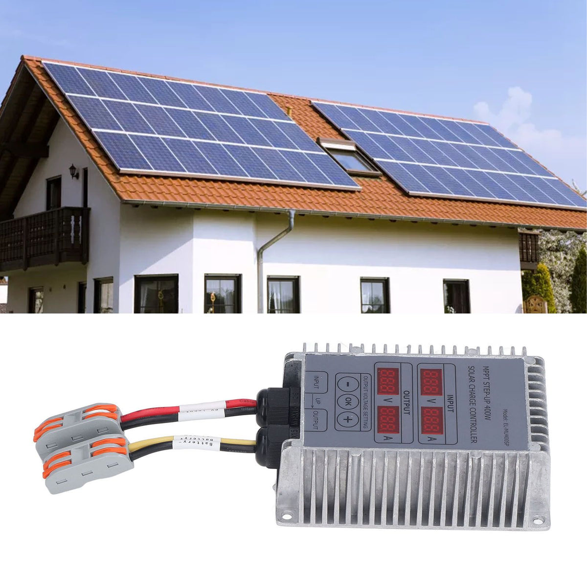 Solar Battery Charge Controller Boost MPPT Voltage Adjustable Waterproof with Display 24‑85V 400W