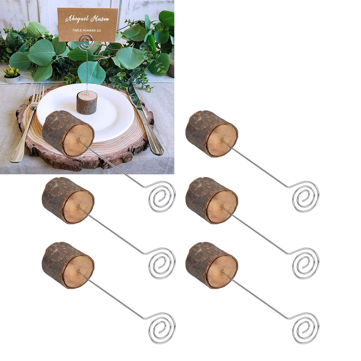 20Pcs Premium Wood Place Card Holders with Swirl Wire Name Cards Photo Holders for Wedding Birthday Festival