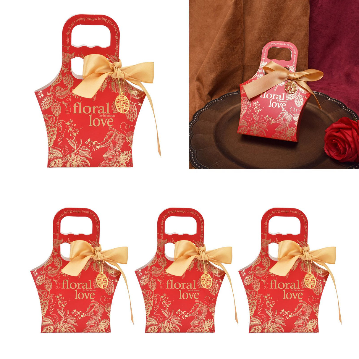 50Set Innovative Candy Box Paper Candy Bags with Ribbons for Christmas Parties Birthdays WeddingsRetro Carmine with Gold Ribbon