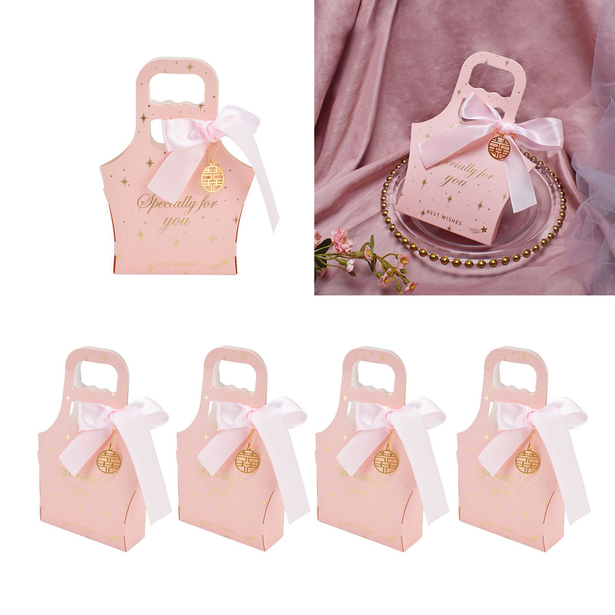 50Set Innovative Candy Box Paper Candy Bags with Ribbons for Christmas Parties Birthdays WeddingsPink with Light Pink Ribbon