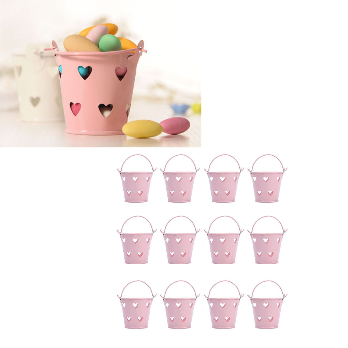 12pcs Mini Metal Bucket Hollow Heart Shaped Bucket with Handle for Candies Outdoor Flower Cosmetics
