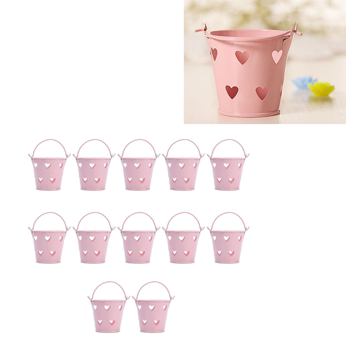 12pcs Mini Metal Bucket Hollow Heart Shaped Bucket with Handle for Candies Outdoor Flower Cosmetics