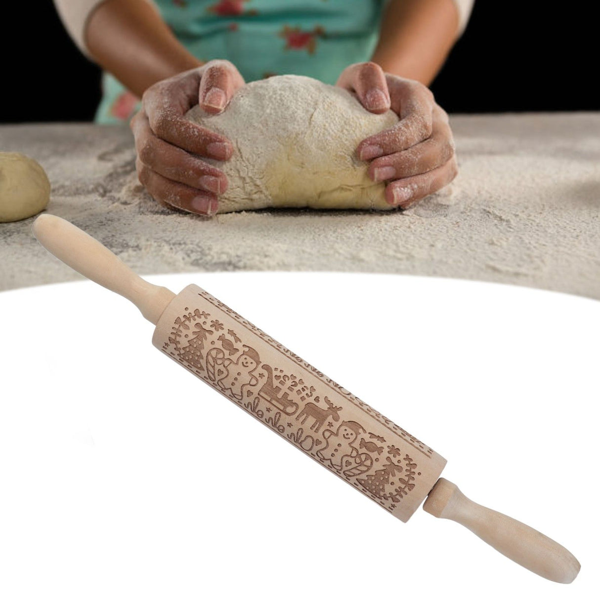 Rolling Pin Wooden Christmas Print Dough Roller Kitchen Tool for Pastries Pizza Biscuits Baking