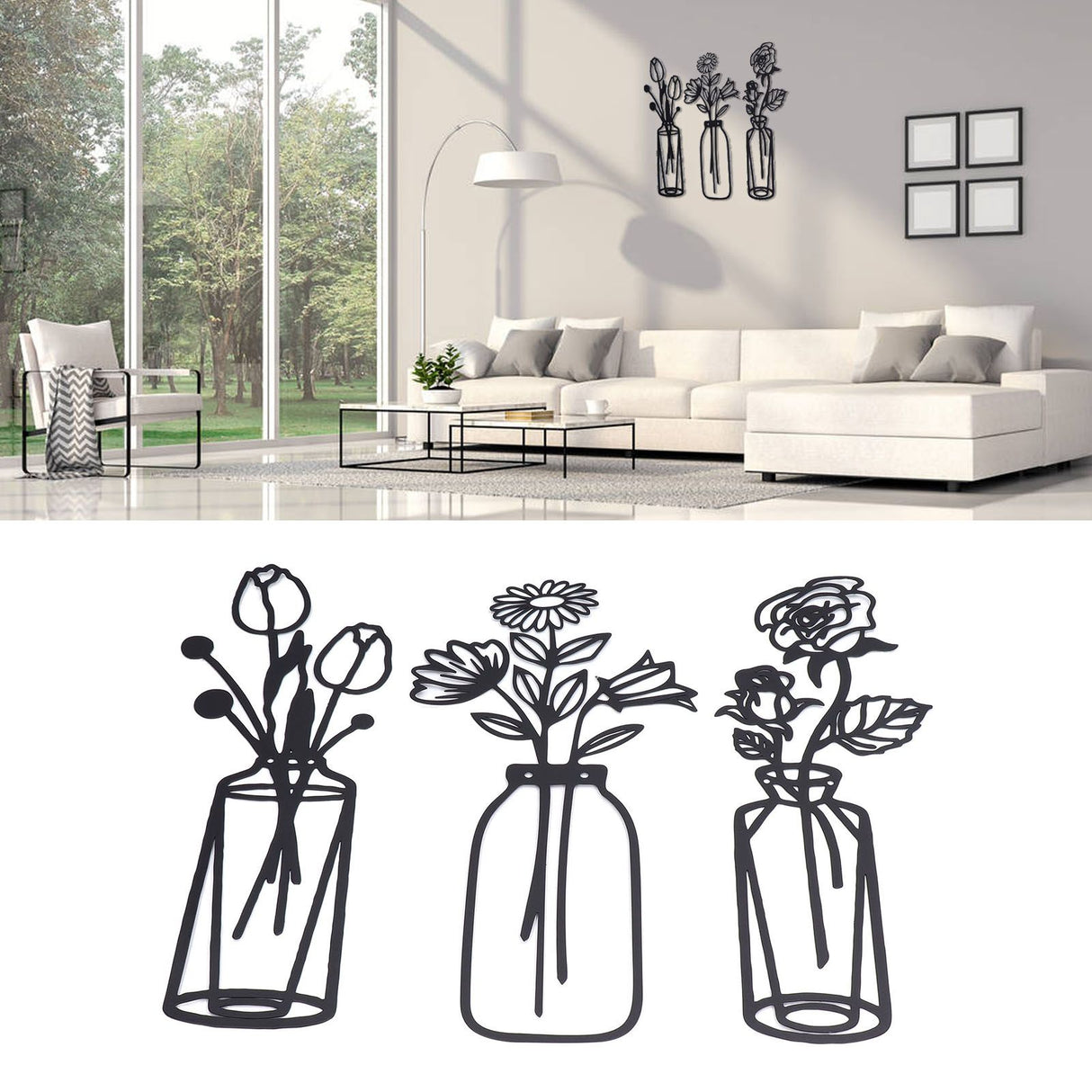 3Pcs Metal Vase Flowers Wall Art Elegant Prevent Rust Easy to Install Iron Flower Wall Art for Indoor Decoration