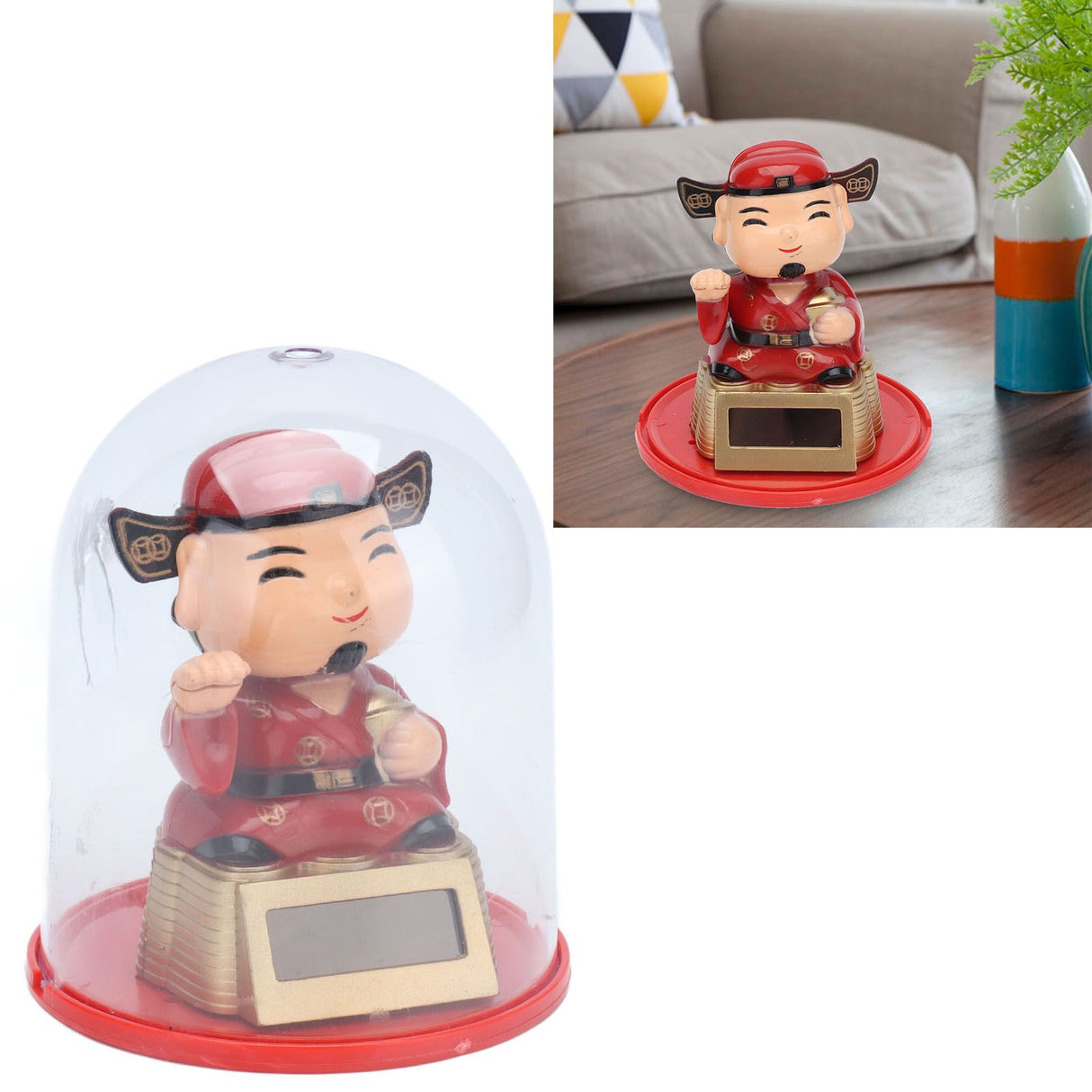 Lucky Ornaments Solar Powered Cute God of Wealth Decoration with Waving Arm for Home Office Car