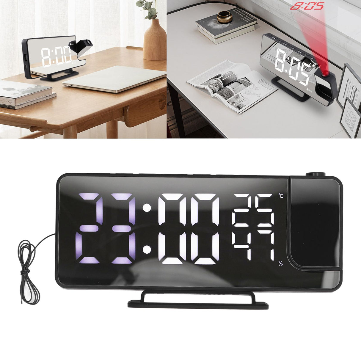 Projection Alarm Clock Mirror Screen USB Charging Snooze 180° Digital Projection Clock with Radio Temp Humidity
