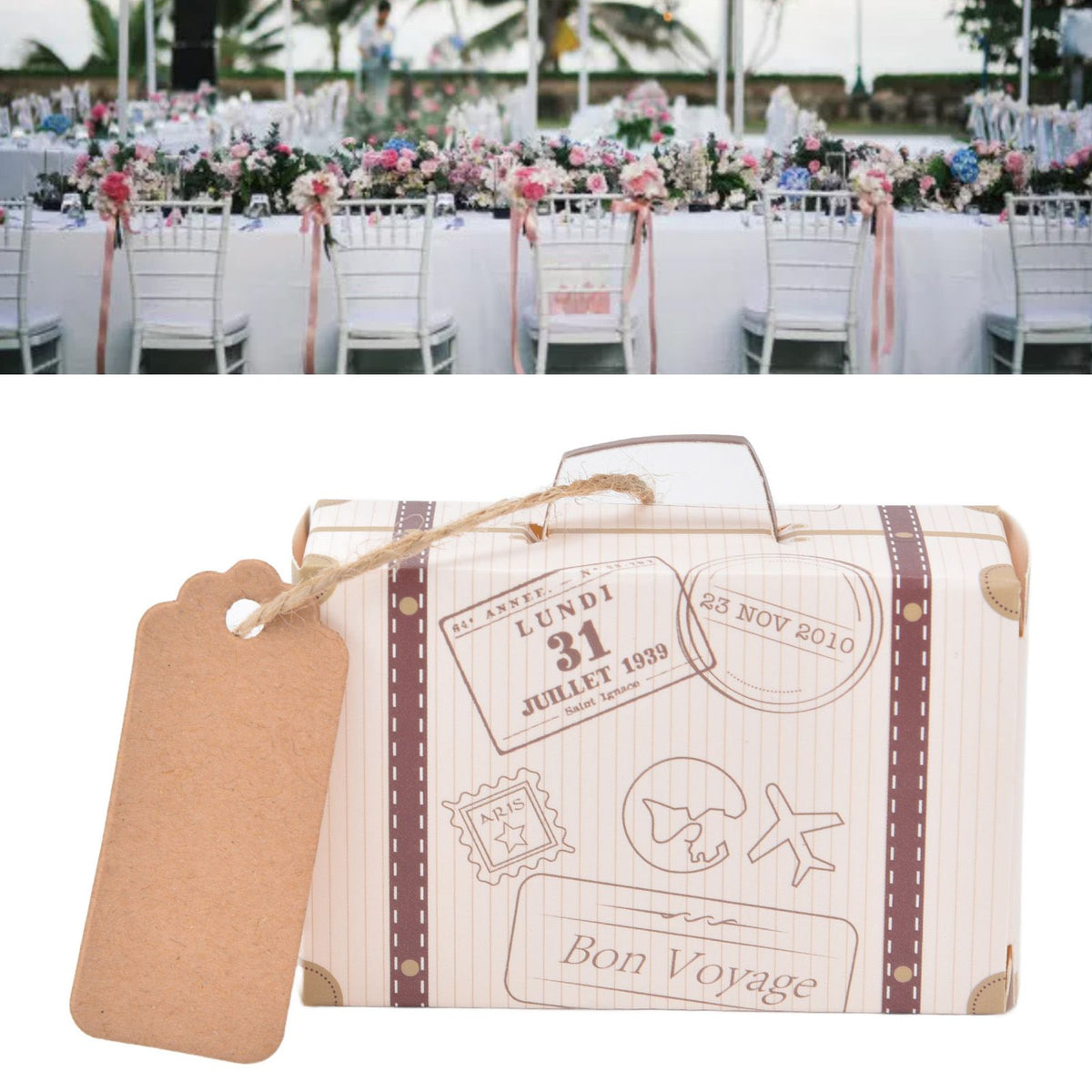 50 Sets Travel Themed Suitcase Shape Candy Boxes Party Favor Candy Box Vintage Kraft Paper Gift Bag for Wedding Birthday