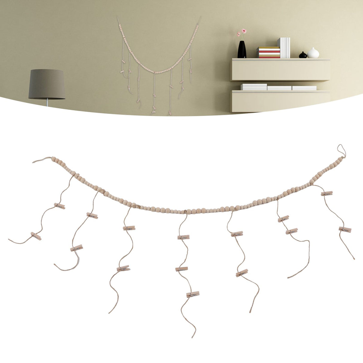 Wooden Beads Photo Display Multi Purpose Simple Design Anti Friction Hanging Photo Display with Wood Bead for DIY Decor