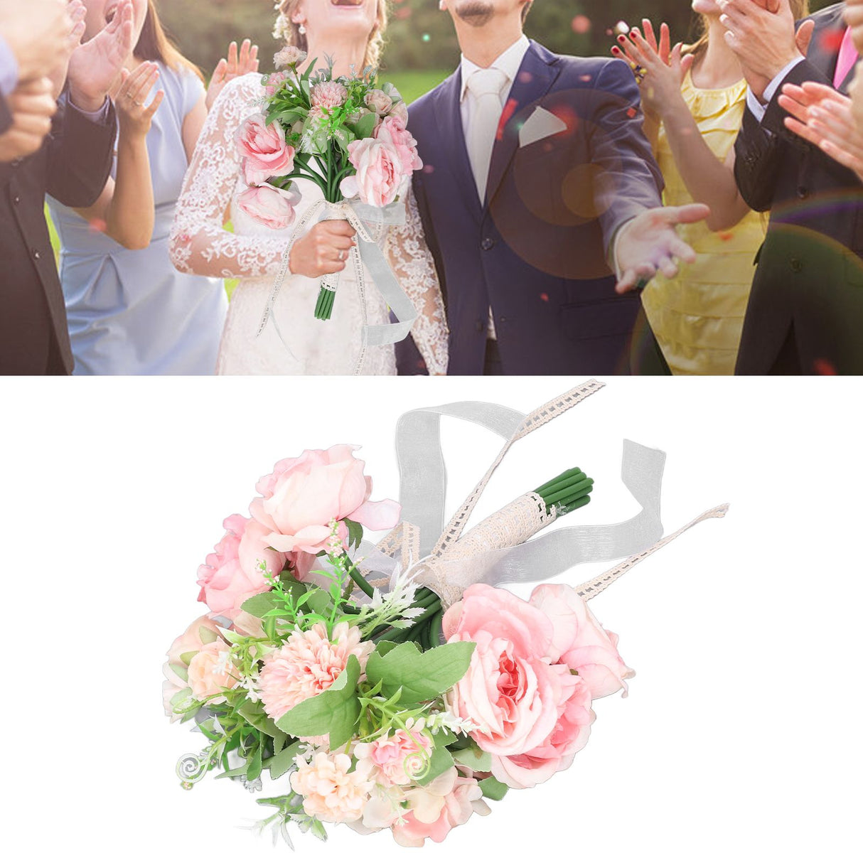 Wedding Bouquet Fake Rose Flower Holding Bunch for Decoration Photography Art Photo Pink