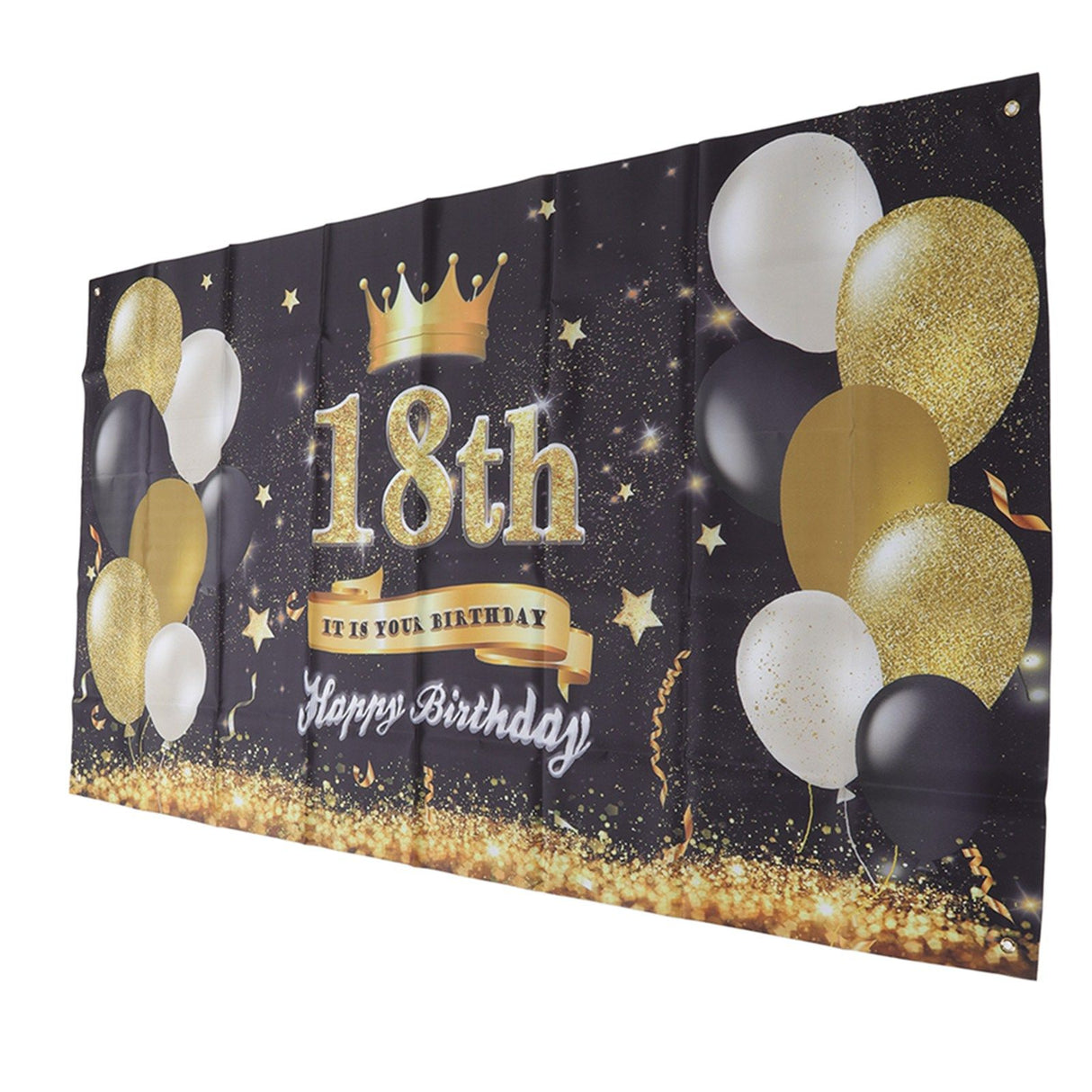 Happy 18th Birthday Backdrop Black Gold 180x99cm Reusable Happy Birthday Decorations with 4 Grommets