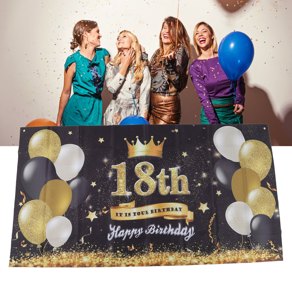 Happy 18th Birthday Backdrop Black Gold 180x99cm Reusable Happy Birthday Decorations with 4 Grommets