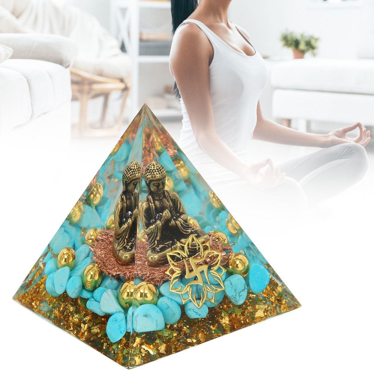 Crystal Pyramid Buddha Design Exquisite Beautiful Pyramid Power Stone Decoration Ornament for Yoga Meditation