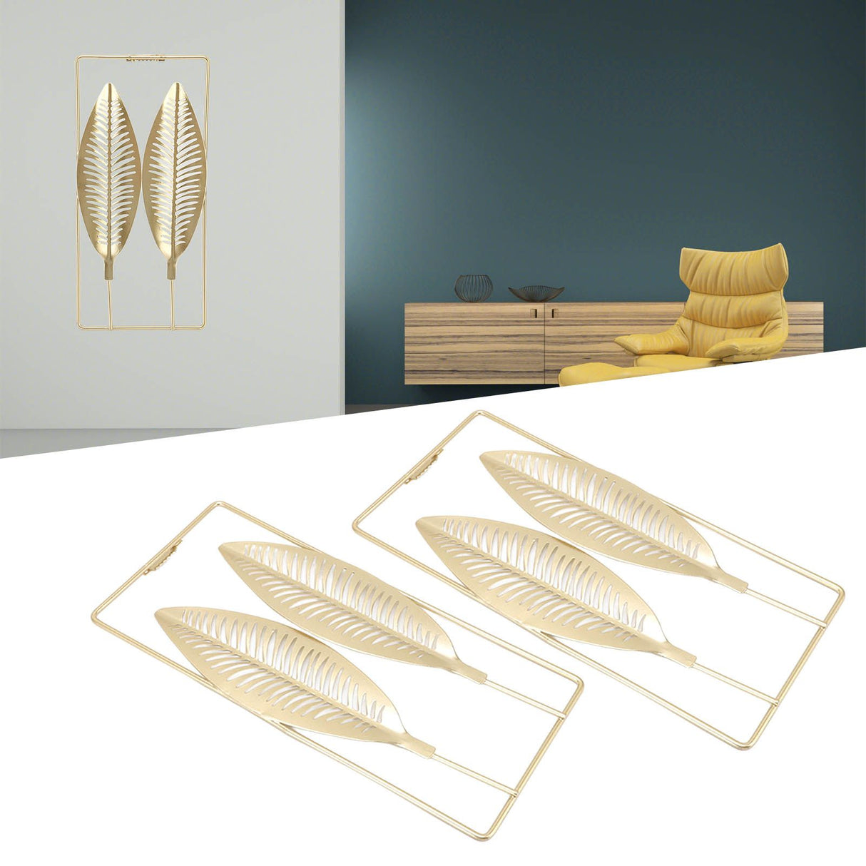 2Pcs Gold Wall Sculptures Metal Wall Decor with Frame for Living Room Bedroom Office Study