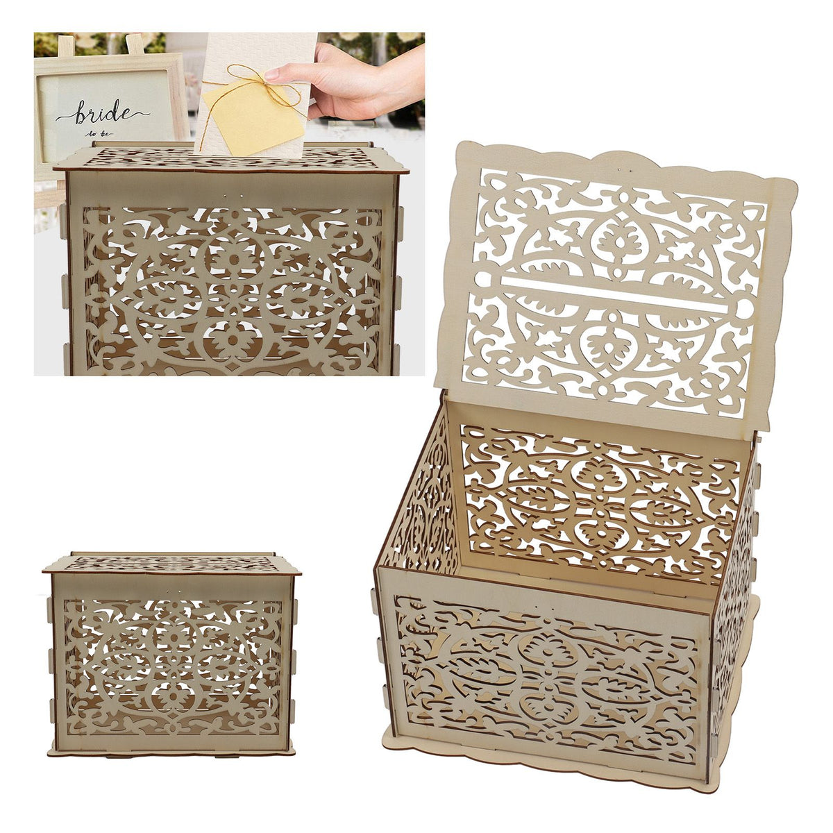 DIY Hollow Wooden Box Gift Card Money Case Wedding Reception Decoration Box Easy Assembly JM01319 Small